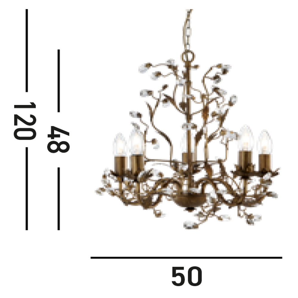 Lampadario Classico Almandita Acciaio Marrone Vetro Oro 5 Luci E14