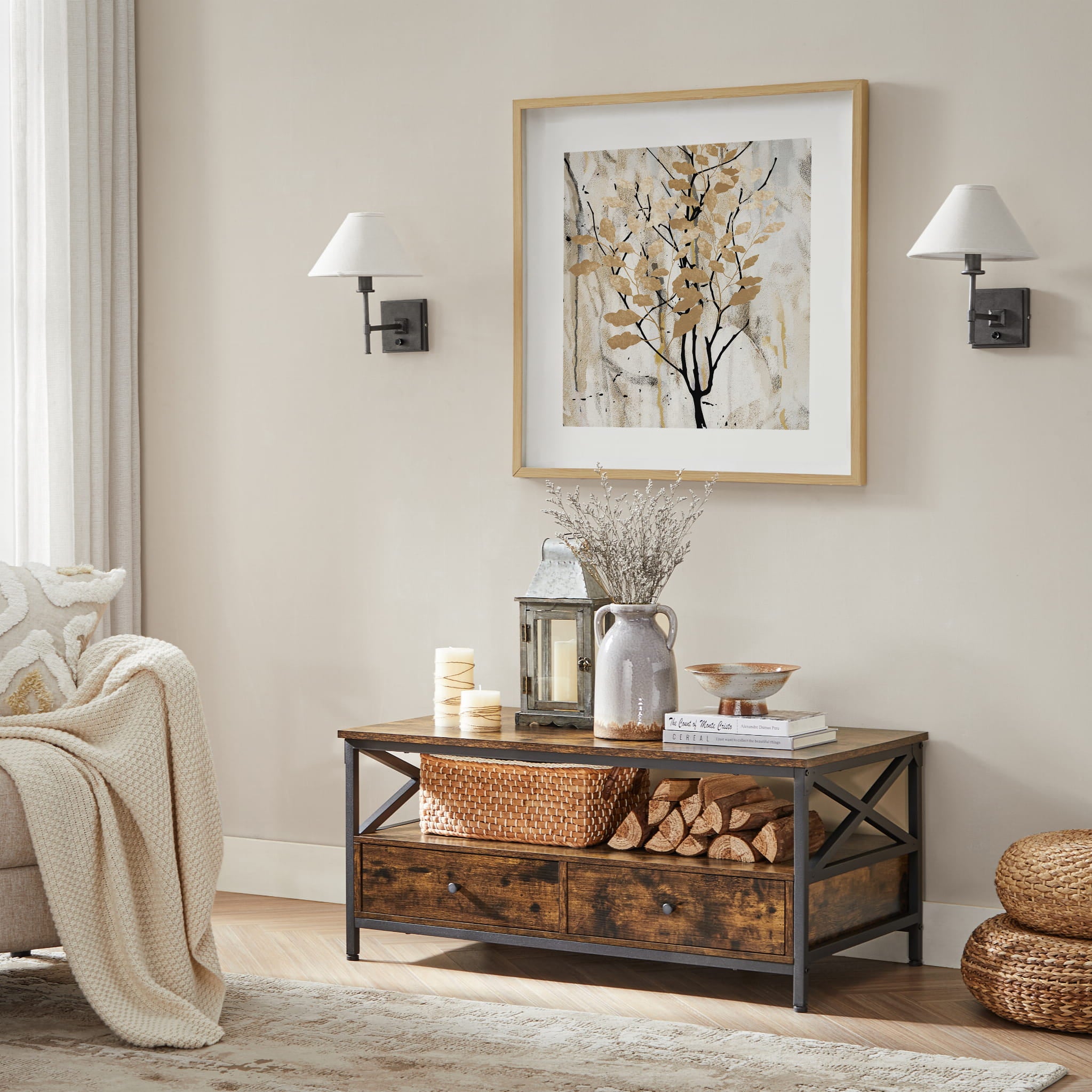 Tavolino da caffè rustico marrone Valora con cassetti e ripiano per soggiorno