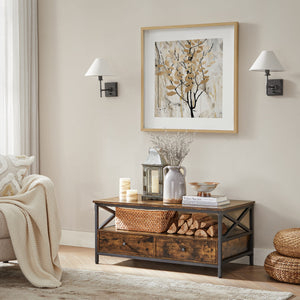 Tavolino da caffè rustico marrone Valora con cassetti e ripiano per soggiorno