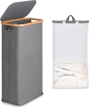 Wastebasket con coperchio - 63 litri - grigio - pieghevole - maniglie in bambù