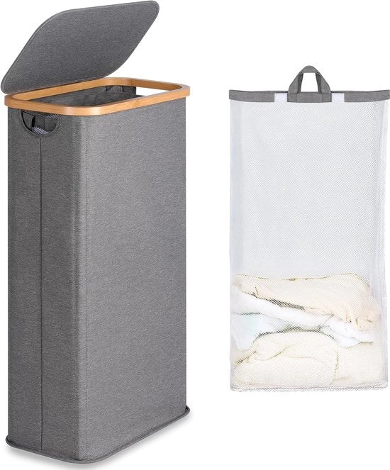 Wastebasket con coperchio - 63 litri - grigio - pieghevole - maniglie in bambù