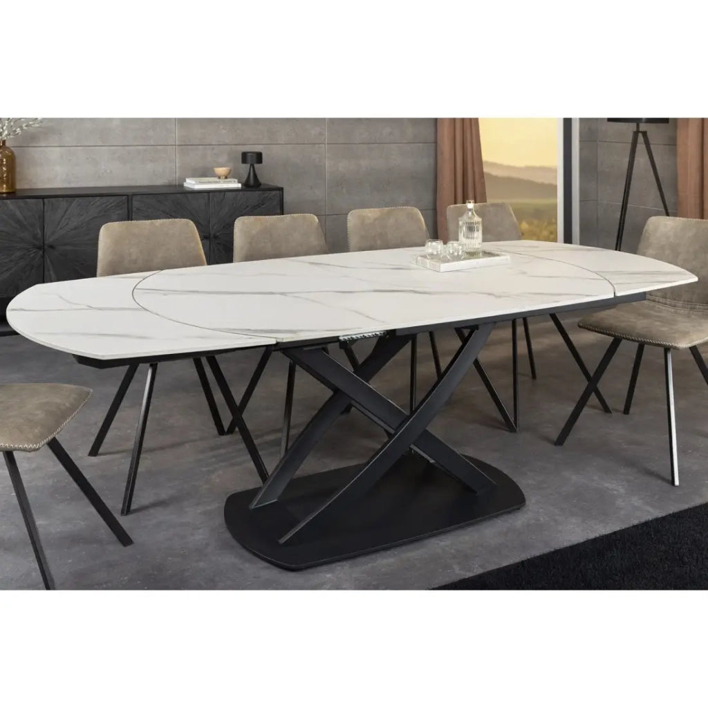 Tavolo ATONIA – Ovale estensibile 130 a 190 cm – Piano in ceramica effetto marmo bianco – Piedi in metallo – Stile moderno