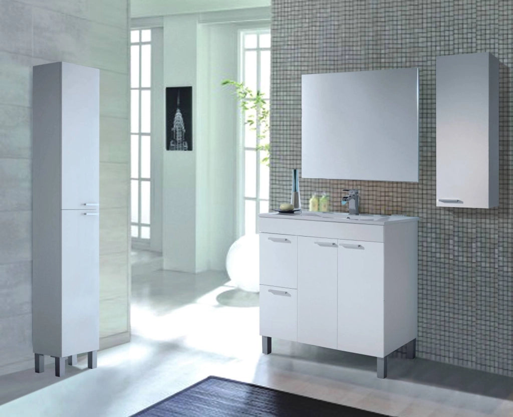 Colonna Bagno Alcott, Mobile a colonna per bagno a 1 anta, Armadio pensile sospeso con 1 ripiano, cm 30x25h85, Bianco lucido