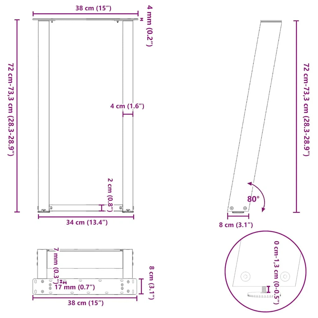 Set di 2 gambe regolabili per tavolo consolle a forma di U 38 x 72-73 cm design moderno acciaio bianco 02_0057063