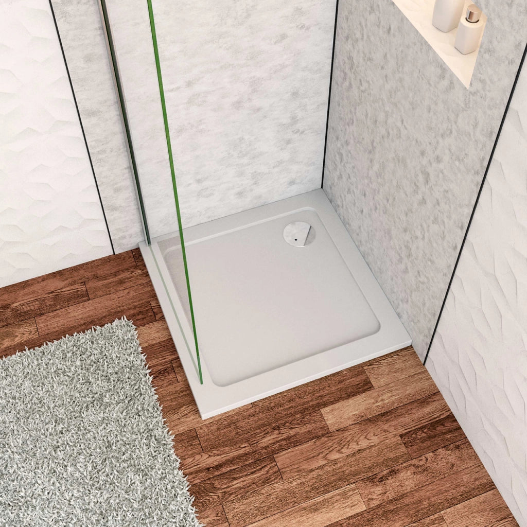 Piatto Doccia 80x80cm Bianco Spessore di 3 cm in Pietra Artificiale e Resina Minerale Mista Piletta Extra Piatta Sottile e Tubo inclusi