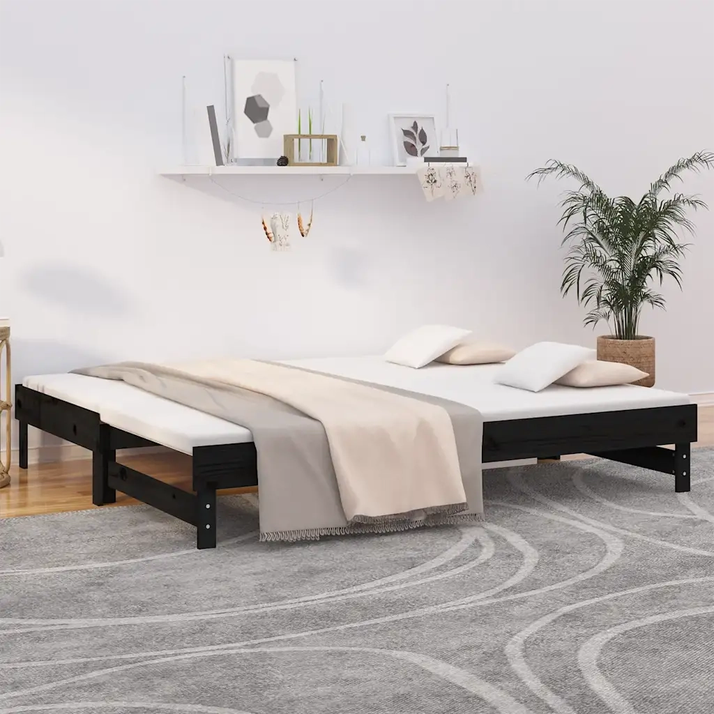 Letto da camera | Dormeuse Estraibile Nera 2x(80x200) cm Legno Massello di Pino