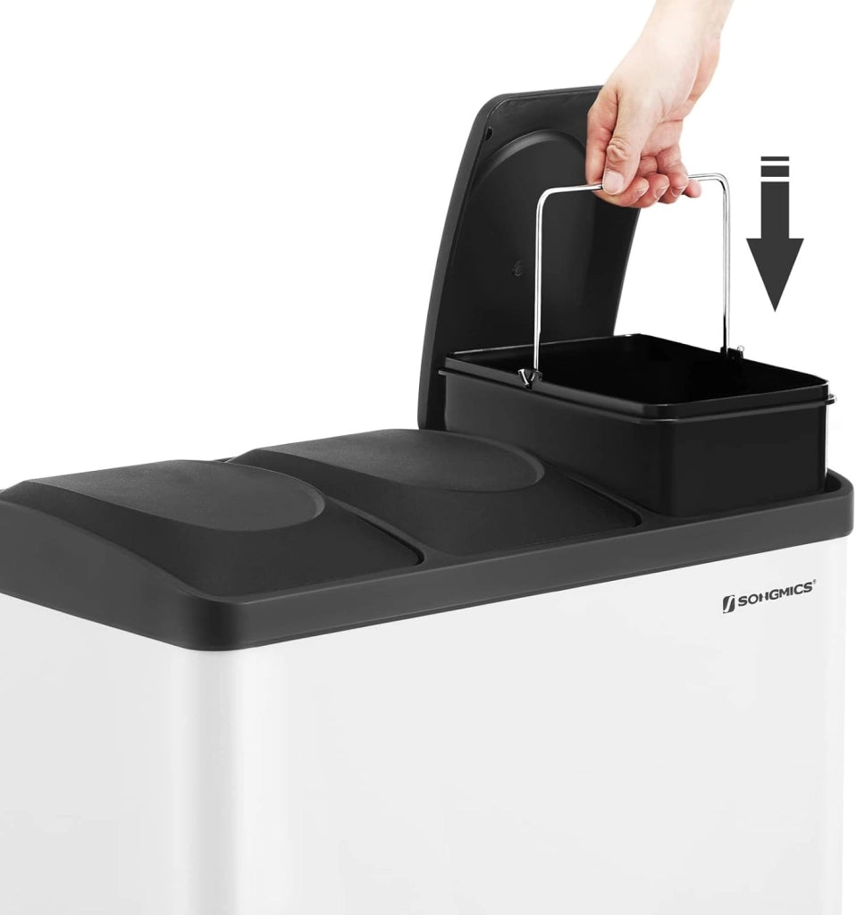 SONGMICS Pattumiera di 54L, Cestino di Spazzatura, a 3 Sezioni, con Pedale, Secchio Interni, 6 Etichetti per Smailtimento Facile, Bianco e Nero LTB54W