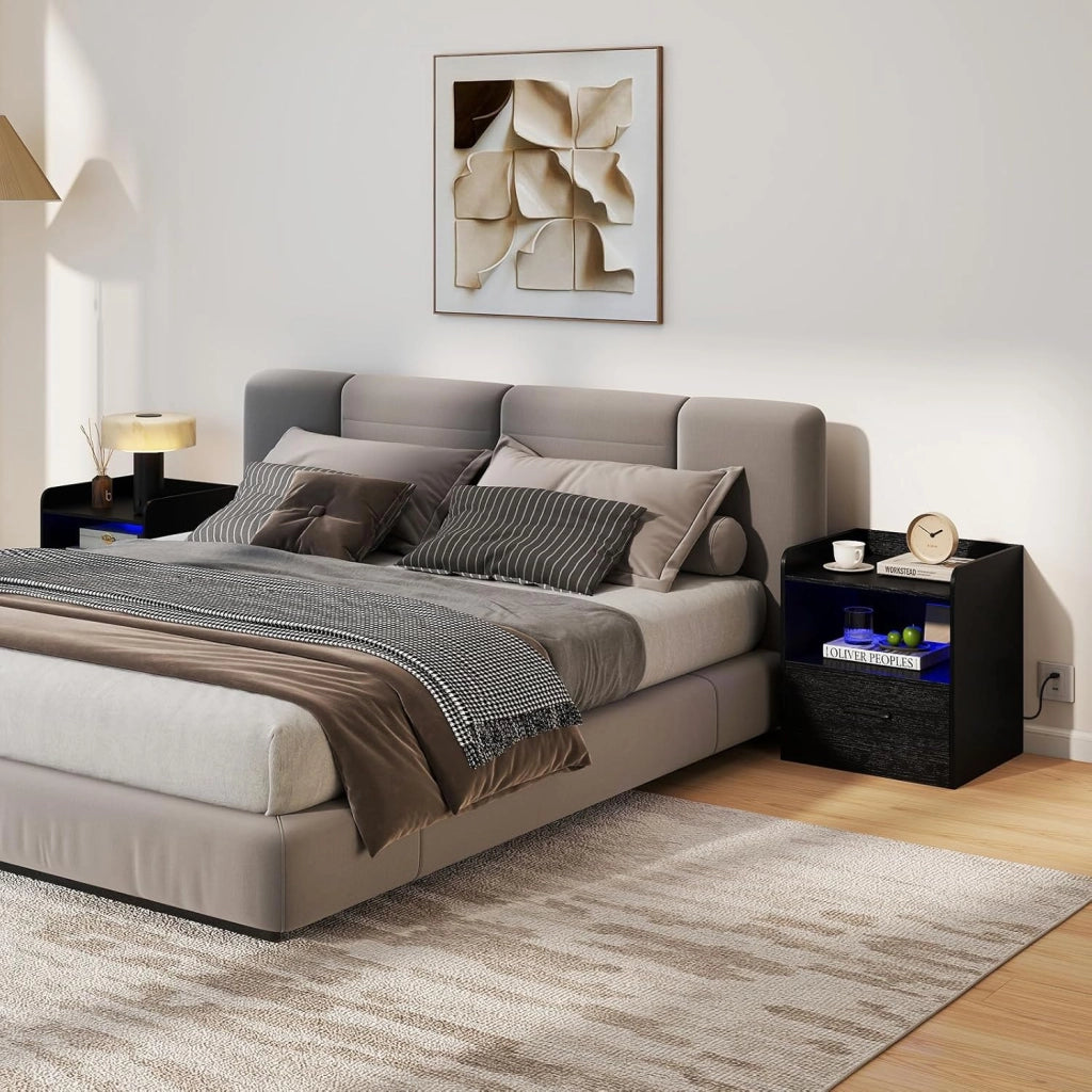Comodino Camera da Letto con Luce e Luminosità Regolabili, 16 Colori di Luce e 3 Modalità, Telecomando, Tavolino Laterale con Cassetto e Scomparto Aperto per Libri, Piante, Cornici
