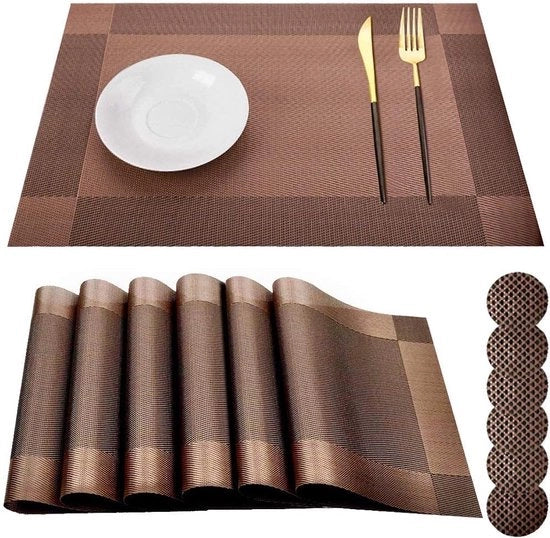 Set di tappeti di protezione per tavolo da 6 pezzi in PVC antiscivolo, lavabile, resistente ai graffi e al calore, dimensioni 45 x 30 cm, colore marrone.