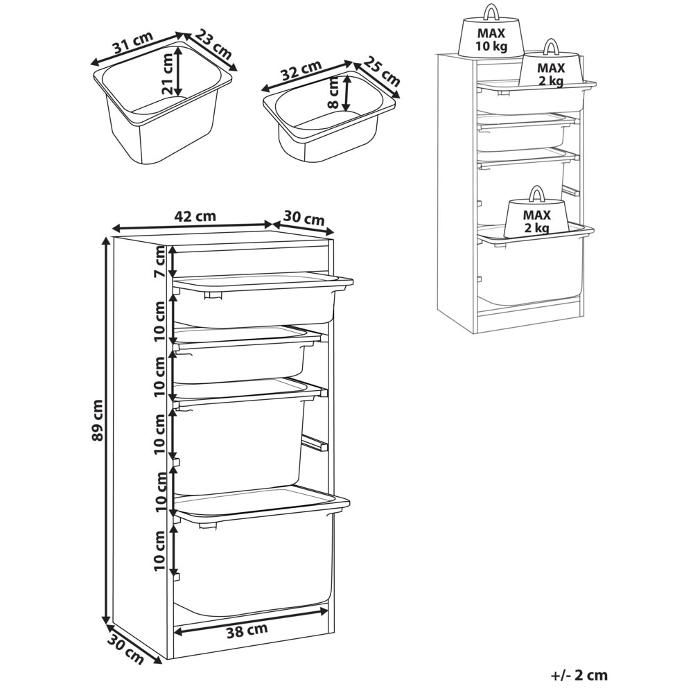 Scaffale a muro unico con 4 cassetti Scatole Camera dei bambini Particle Board Plastica Bianco
