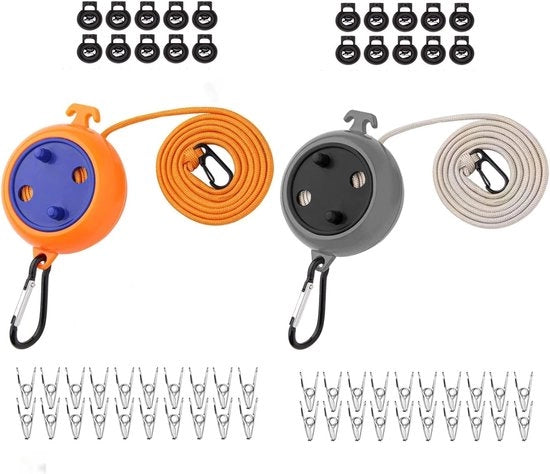 Due fili di asciugatura, retrattili, 8 m di asciugatura, per camping, portatile, viaggio, vacanza, outdoor/interno, asciugatrice con fermaglio e pinze per asciugatura impermeabili, nero + arancione