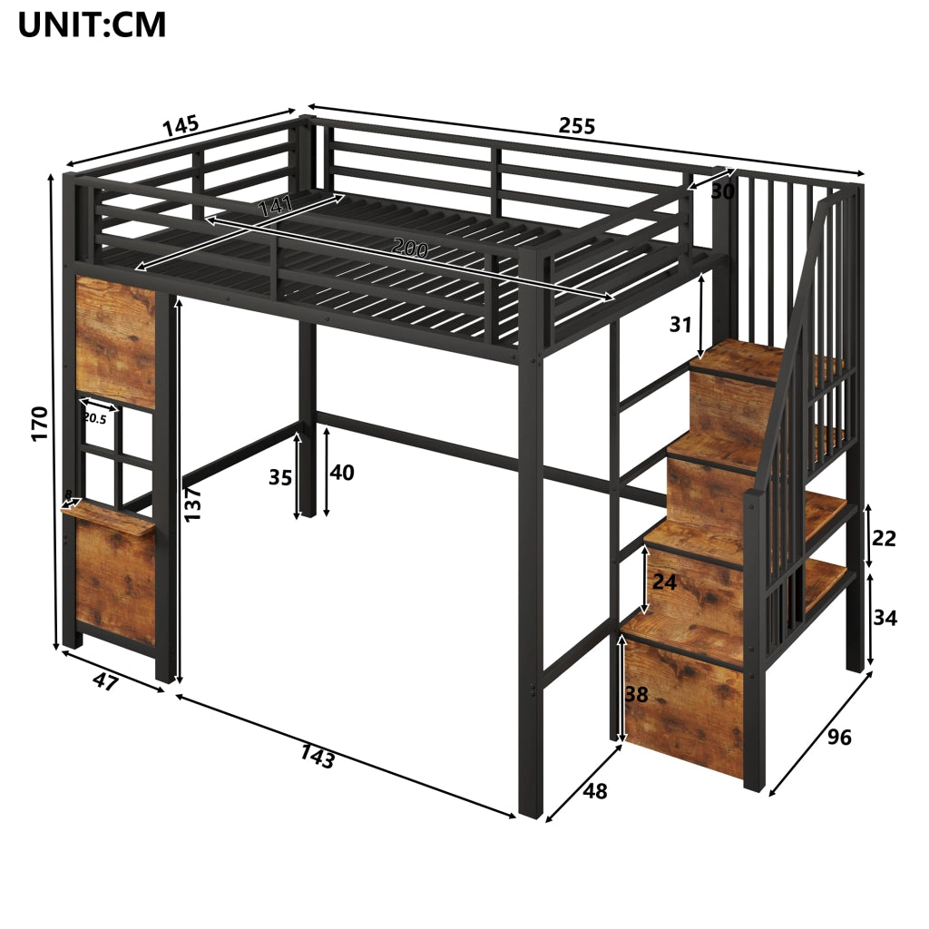 Letto a soppalco 140x200 cm con scala contenitore; finestra; spazio libero sottostante e parapetto; metallo nero