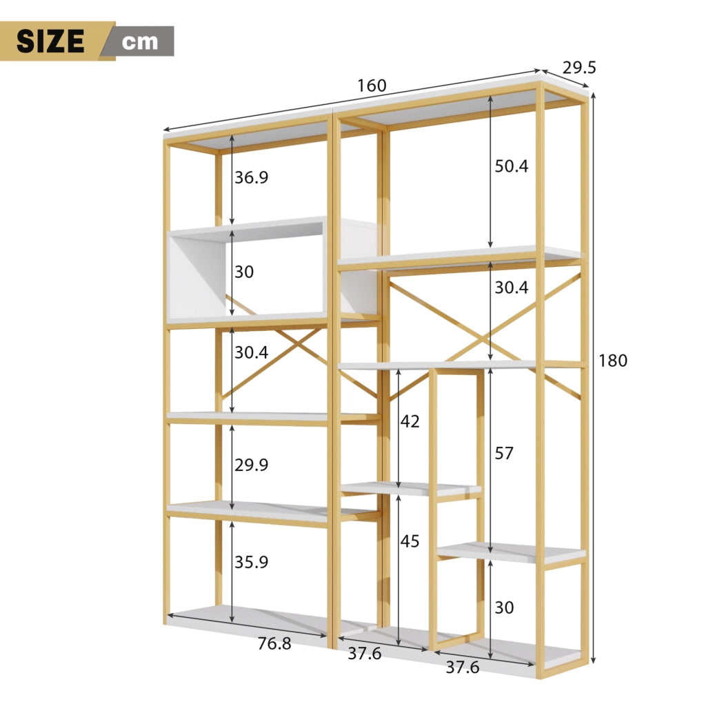 Libreria a ripiani aperti 160 x 29;5 x 180 cm in MDF e metallo oro e bianco