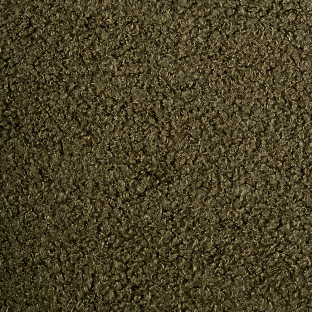 Poltrona verde scuro in tessuto bouclé con gambe in legno, design moderno, per soggiorno e camera da letto