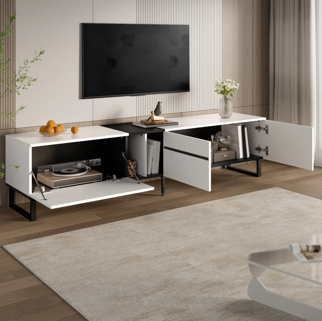 Mobile TV 180x38x45 cm con vano a ribalta; vano aperto e 2 ante in truciolare bianco