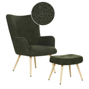 Poltrona rivestita in tessuto verde scuro con motivo floreale con poggiapiedi in stile retrò