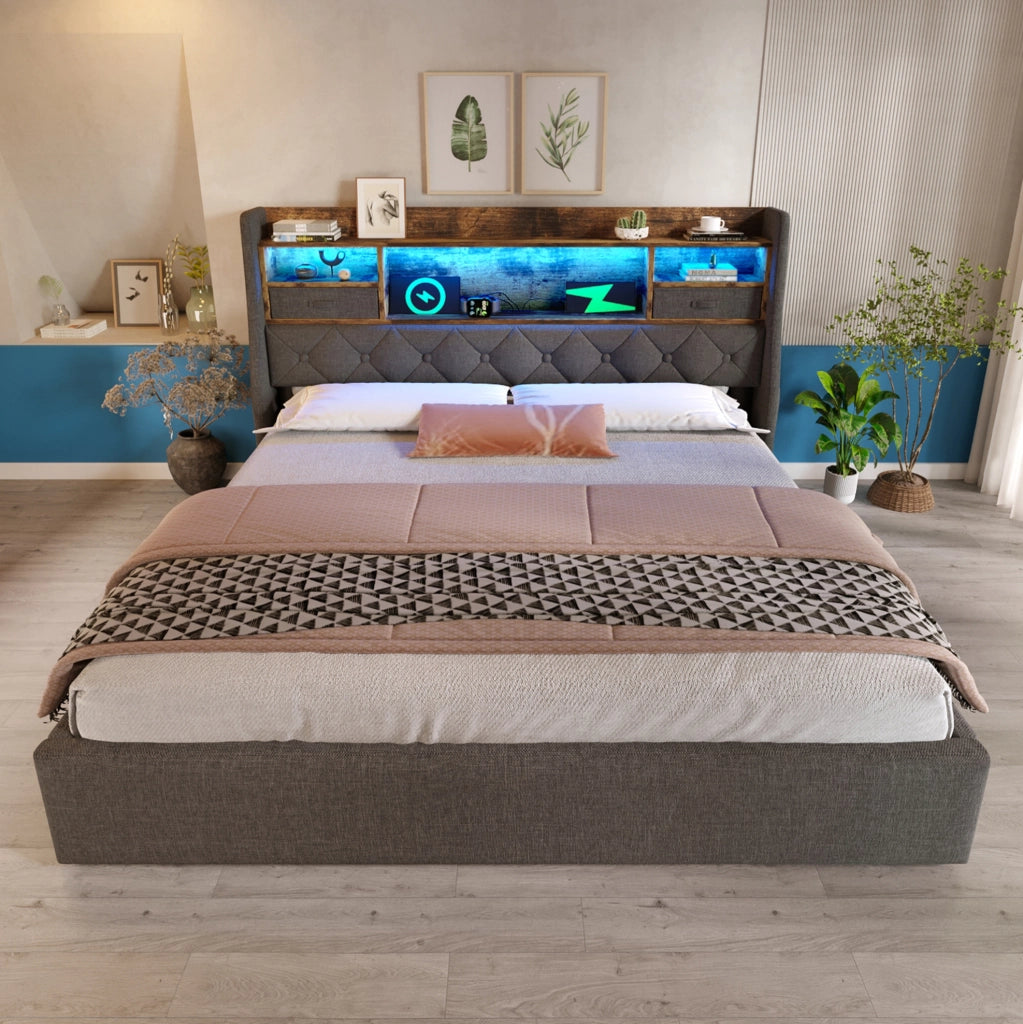 Letto contenitore 160x200 con LED, USB e testiera con ripiani grigio