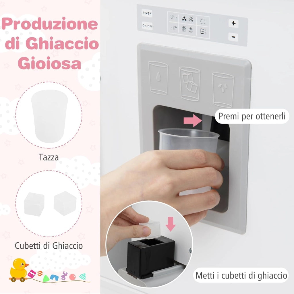 Cucina Giocattolo per Bambini, Cucina Finta in Legno Regolabile in Altezza, Forno a Microonde, Fornelli, Lavello, Forno, Fabbricatore di Ghiaccio, Cucinetta Giocattolo con Tende, per 3+ Anni