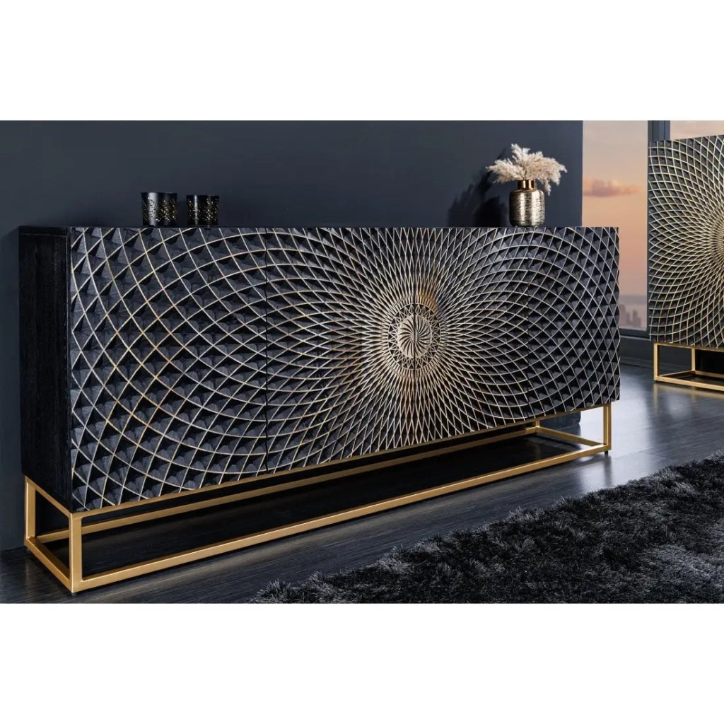 Buffet KOSMOS 180 cm – Legno massiccio nero scolpito 3D – Piedi in metallo dorato