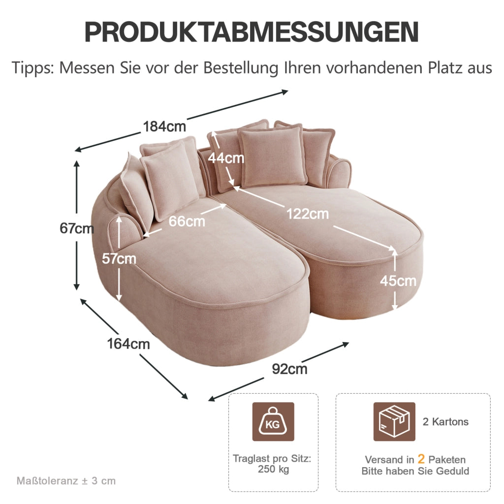 Divano modulare senza struttura in chenille rosa; chaise longue profonda 122 cm