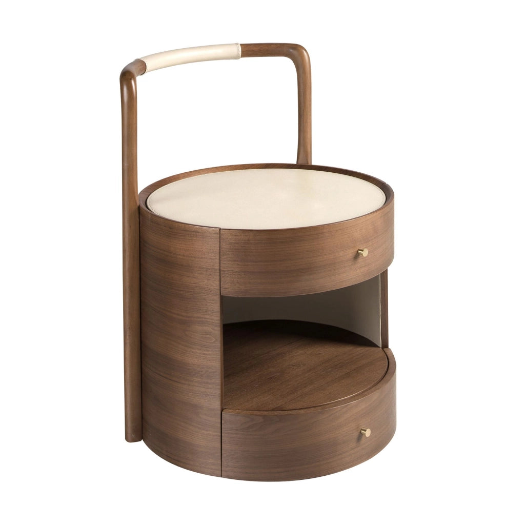 Comodino noce con piano in legno rivestito in similpelle color crema