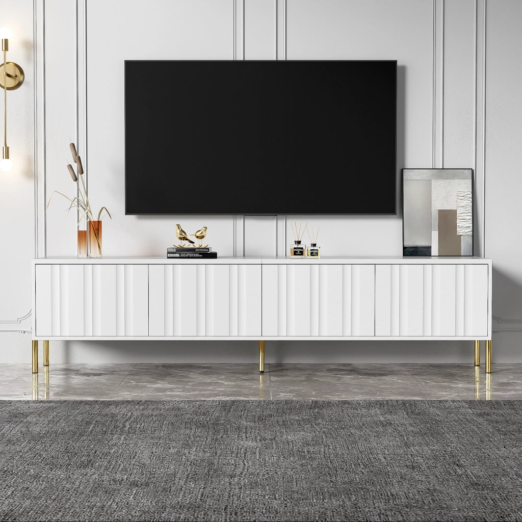 OKWISH Mobile TV con 4 Ante e 8 Ripiani, Gambe Dorate, Frontali Scanalati, per Soggiorno, MDF, Bianco, 190 x 38 x 48 cm
