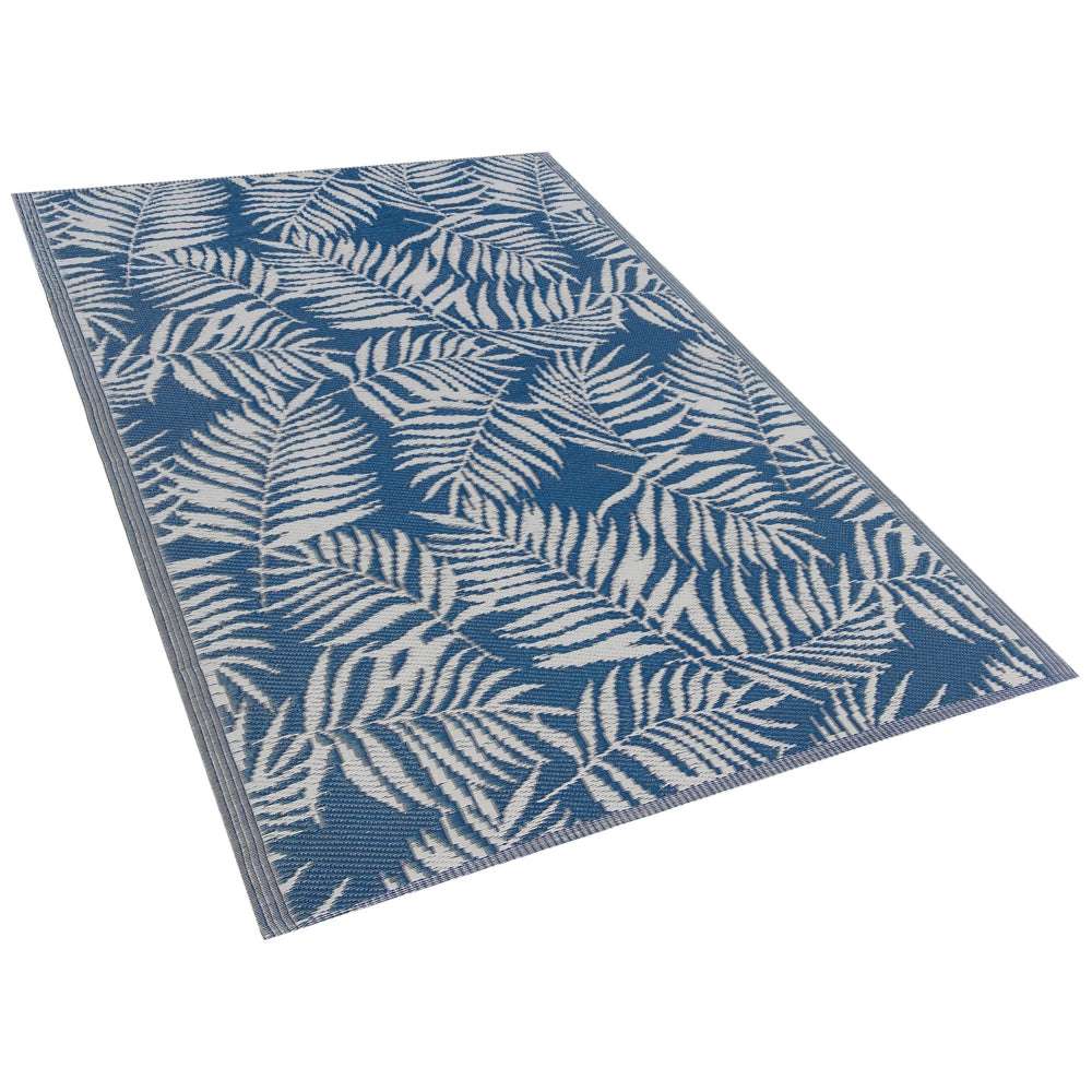 Tappeto per esterni Tappetino blu sintetico 120 x 180 cm foglia di palma motivo floreale moderno balcone patio terrazza