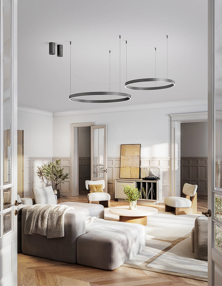 Lampada a Sospensione LED Serie 8284, Struttura in Metallo e Alluminio, Design Moderno Grigio Metalizzato, 87W Dimmerabile, Diametro 100cm - Perenz