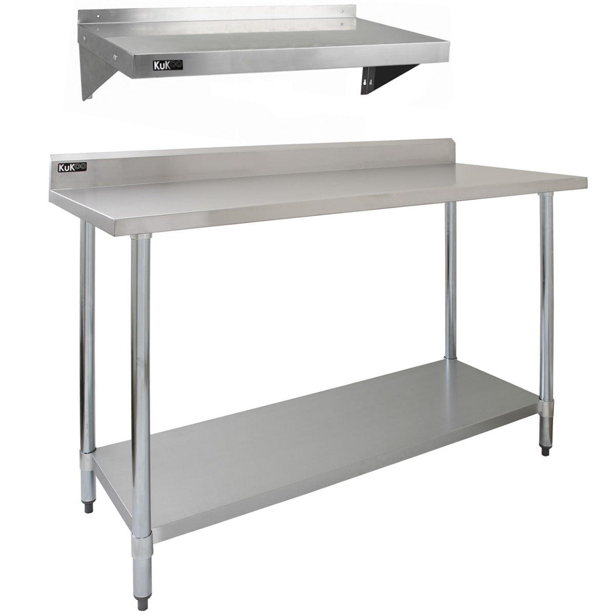 Tavolo da Cucina Commerciale 150cm & 2 Mensola a Muro 125cm in Acciaio Inox