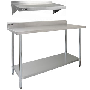 Tavolo da Cucina Commerciale 150cm & 2 Mensola a Muro 125cm in Acciaio Inox