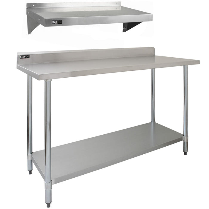 Tavolo da Cucina Commerciale 150cm & 2 Mensola a Muro 125cm in Acciaio Inox