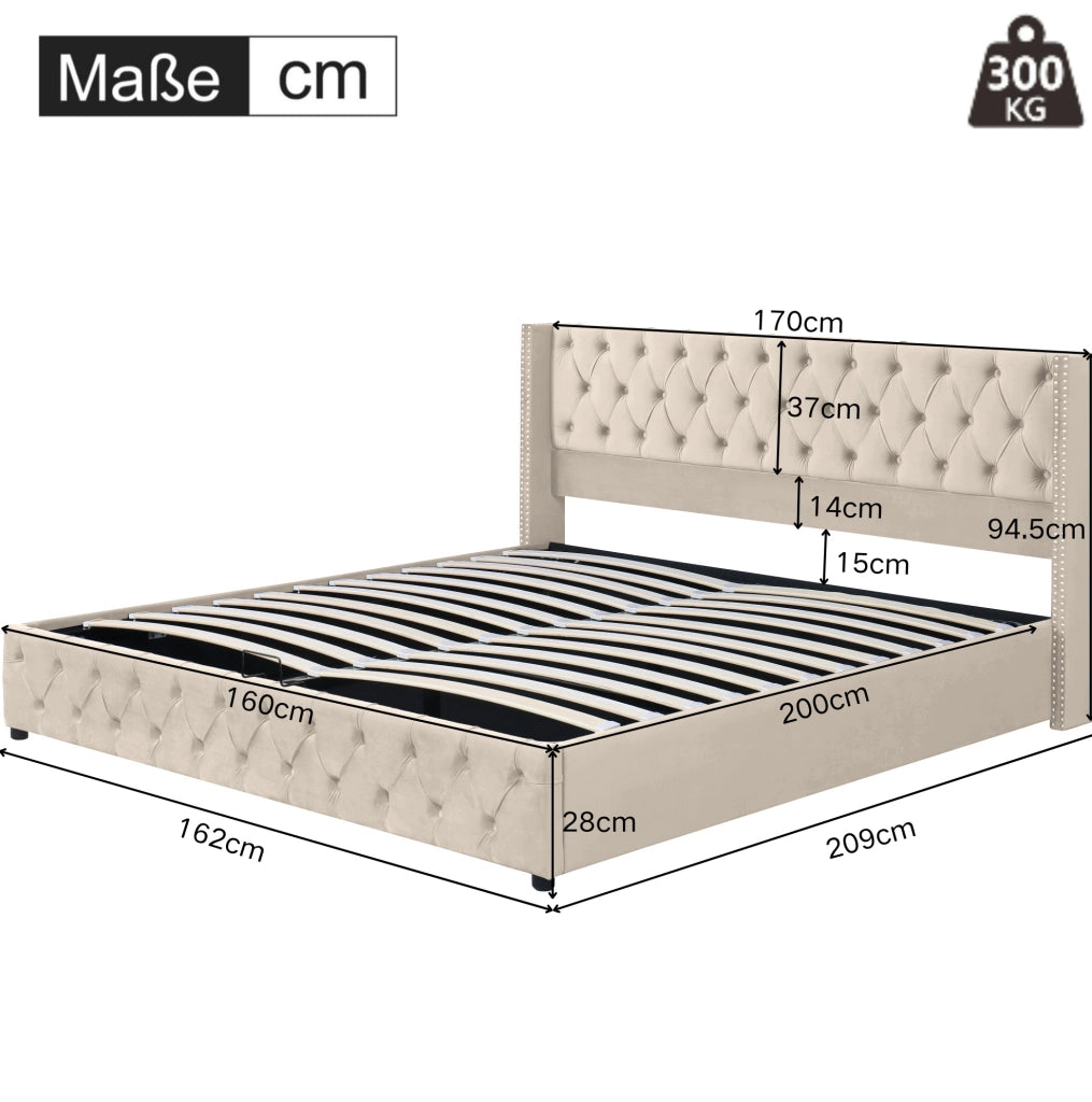 Letto matrimoniale contenitore 160x200 cm in velluto beige stile Chesterfield