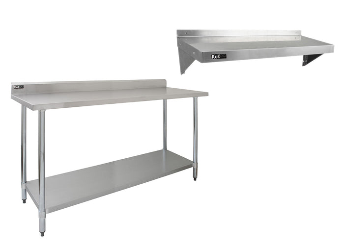 Tavolo da Cucina Commerciale 180cm & 2 Mensola a Muro 125cm in Acciaio Inox