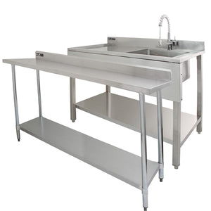 Tavolo da Cucina Commerciale 180cm & 2 Mensola a Muro 125cm in Acciaio Inox