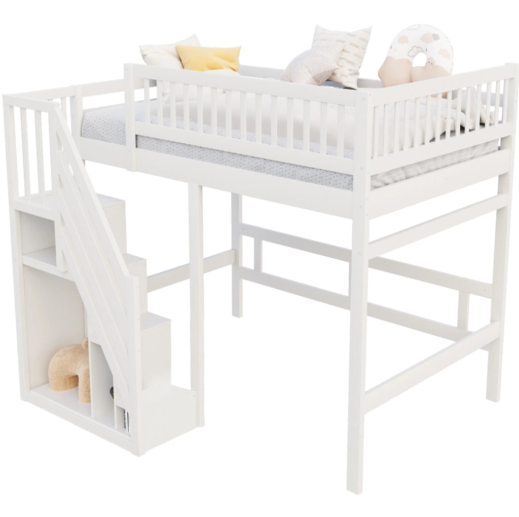 Letto a soppalco 140x200 cm con scala contenitore e sponda alta