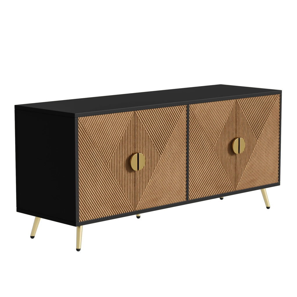 Credenza 160 cm a 4 ante in MDF e PB, nero e effetto legno, con maniglie oro spazzolato e chiusura soft-close