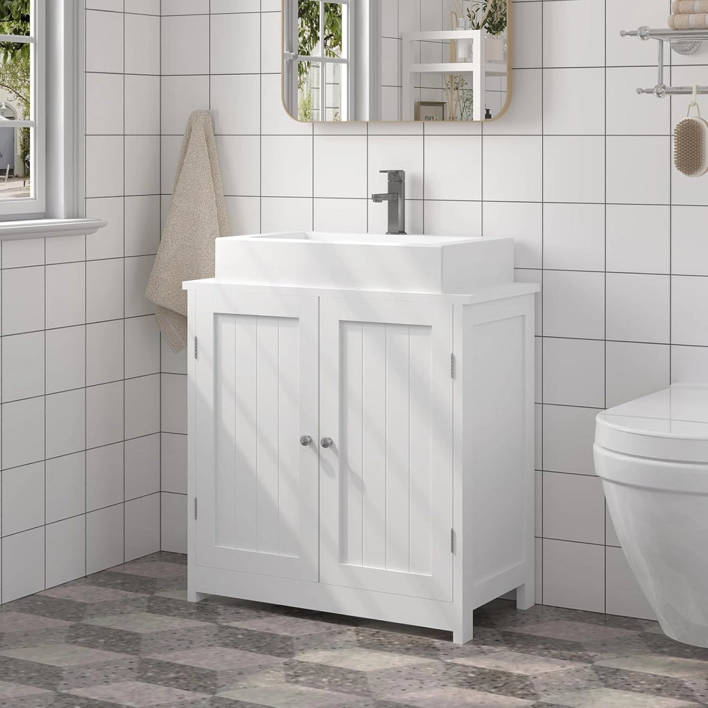 Mobile Sottolavabo per Bagno Mobiletto a Terra Sottolavandino Armadietto Bianco a Due Ante con Ripiani in MDF