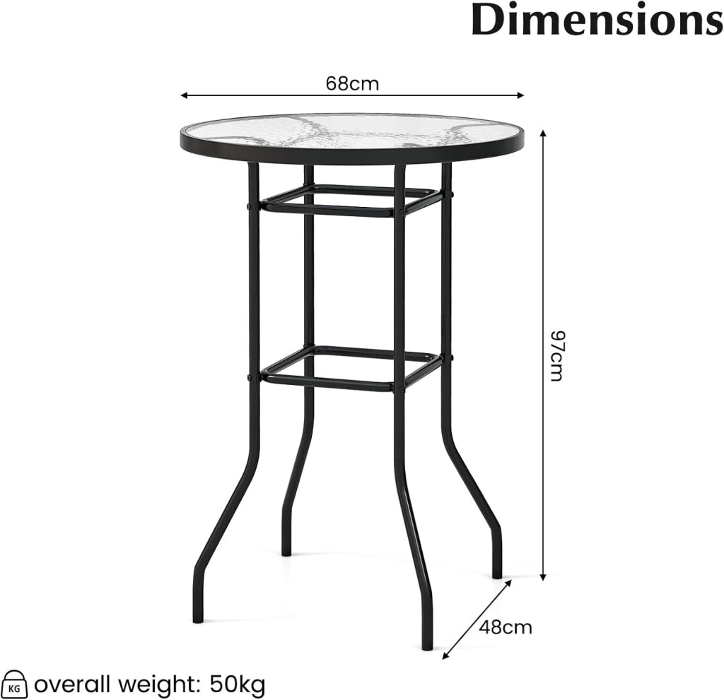 Tavolo da Bar Moderno, Tavolo Bar Alto in Vetro Temperato, Tavolo Rotondo Ø 68 cm, Tavolino Stretto, Penisola Cucina Struttura in Metallo, Bancone Bar da Casa per Bistrot, Alt. 97 cm, Nero