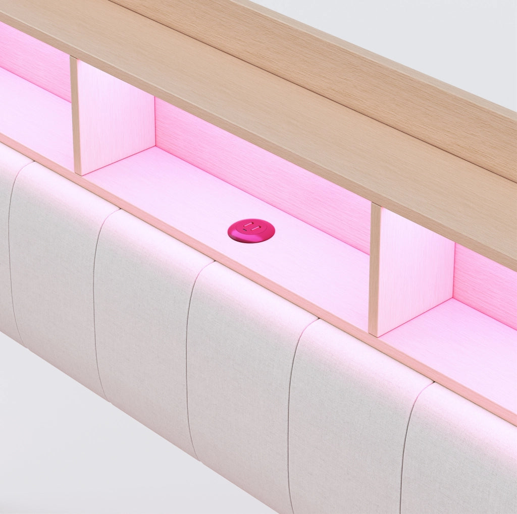Letto imbottito sospeso 160x200 cm con LED; USB e Type-C; contenitore testiera; beige