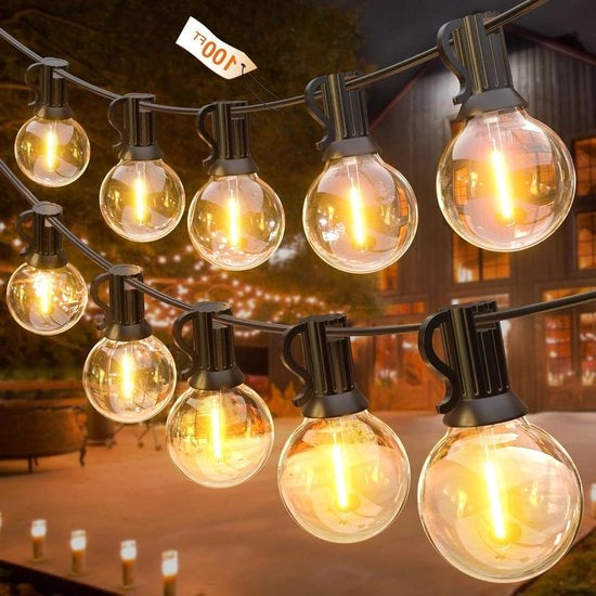 Decorazione esterna di Natale - Luci a sospensione 30 metri - Catena di luce - Lampade esterne in plastica 50+2 - Illuminazione decorativa per terrazza - Natale - Matrimonio - Bianco caldo
