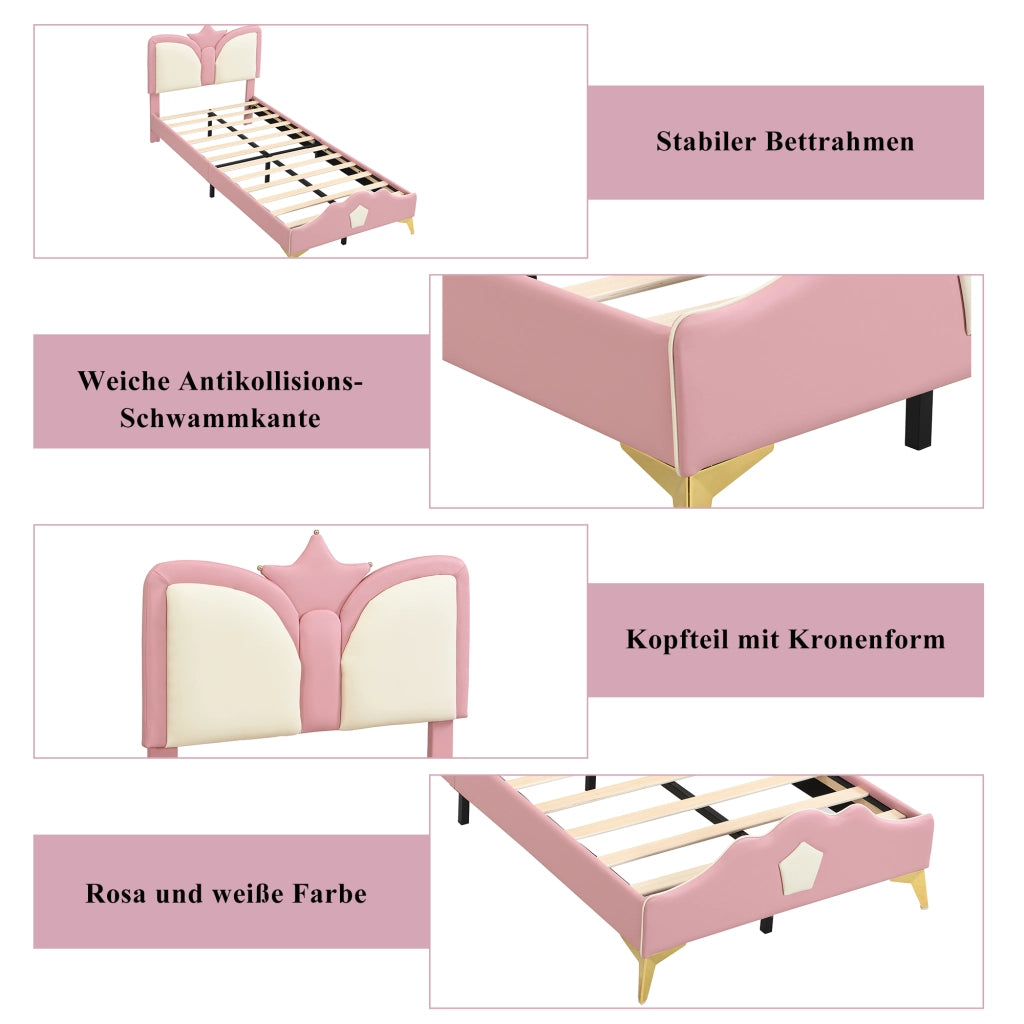 LETTO Bambini 90x200 cm Rosa e Bianco in PU con testiera a corona