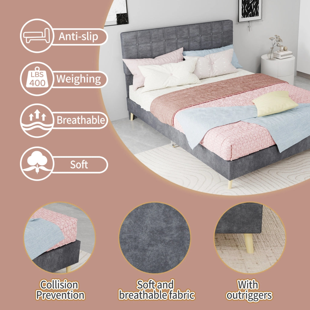 Letto matrimoniale 140 × 200 cm con testiera imbottita a quadri, struttura stabile, senza materasso, grigio