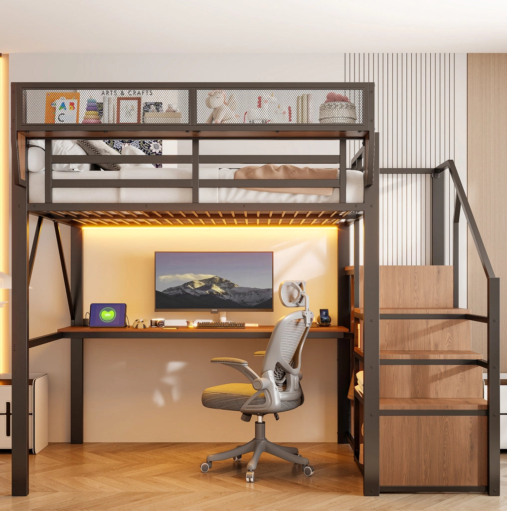 Letto a soppalco in metallo 140x200 cm con scrivania, LED e ripiani regolabili