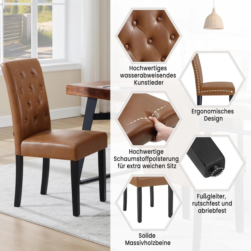 Sedia Sala da Pranzo da 4 Pezzi, Sedie da Cucina con Schienale Alto, Sedia Imbottita per Camera da Letto, Soggiorno, Gambe in Legno e Sedile in Similpelle, Marrone, EZS20br-4