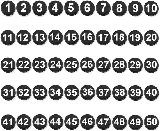 Pacchetto di 50 numeri magnetici, numeri rotondi piccoli da 2 cm, accentuazioni magnetici 1-50 cerchi, numeri magnetici per classe, lavagna, calendario, frigorifero, casa, scuola, ufficio (nero)