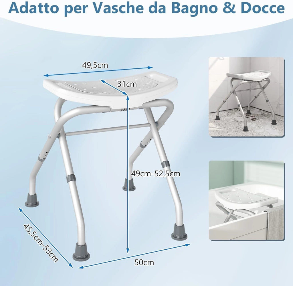 Sgabello per Doccia, Sedia per Doccia Pieghevole e Regolabile in Altezza a 3 Livelli con Maniglie, Leggero, per Anziani e Persone a Mobilità Ridotta, Portata 150 kg (Bianco)
