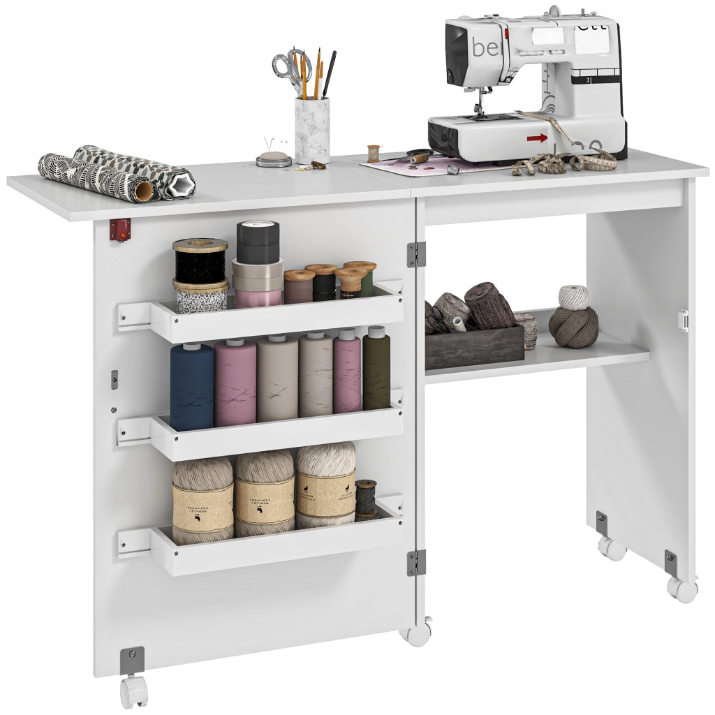 Tavolo da cucito pieghevole con ripiani e ruote ¨C zephmum ¨C bianco 90x60x75