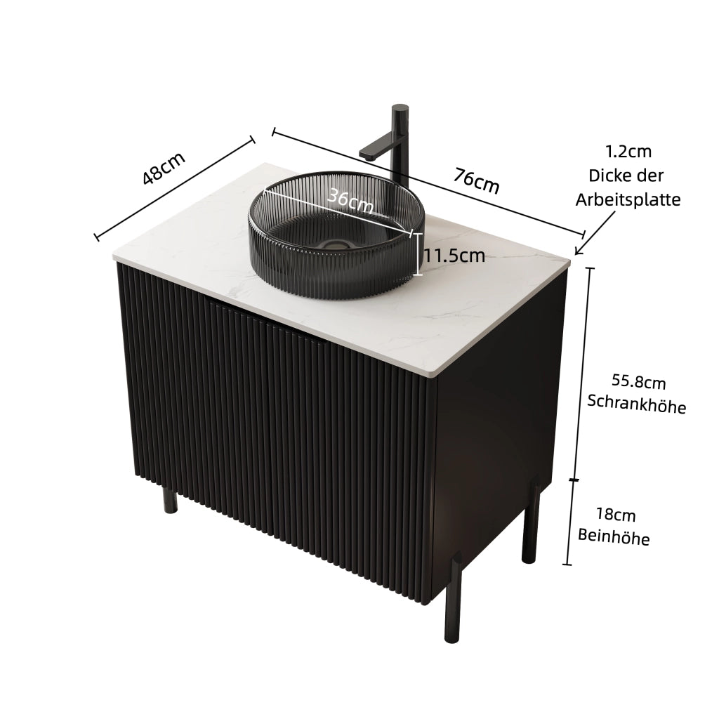 Mobile sottolavabo con lavabo rotondo in vetro nero, piano in pietra sinterizzata, 2 ante, per bagno, 76 × 48 × 87 cm