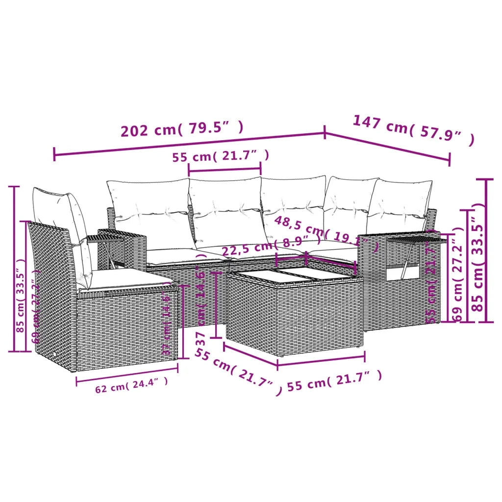 Set Divano da Giardino 6 pz con Cuscini Nero in Polyrattan 3220175