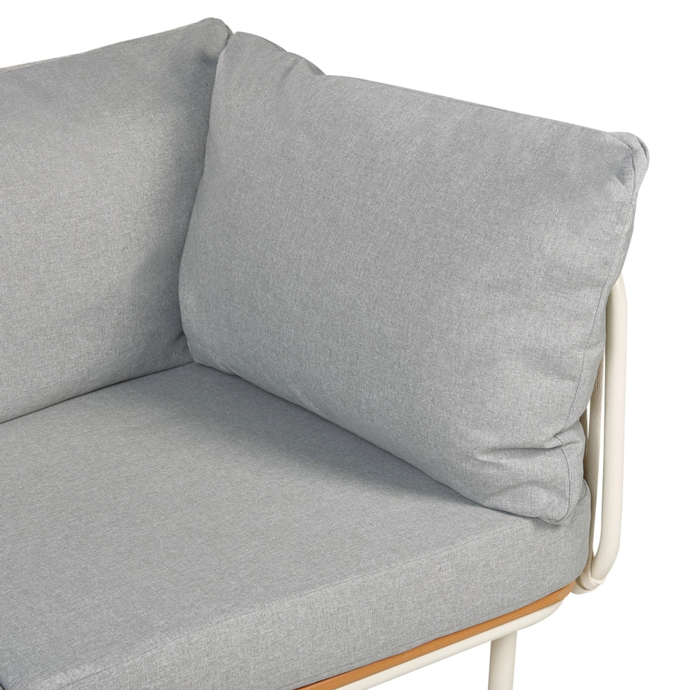 Divano da giardino a 3 posti con struttura in metallo e schienale in corda con cuscini grigio stile elegante